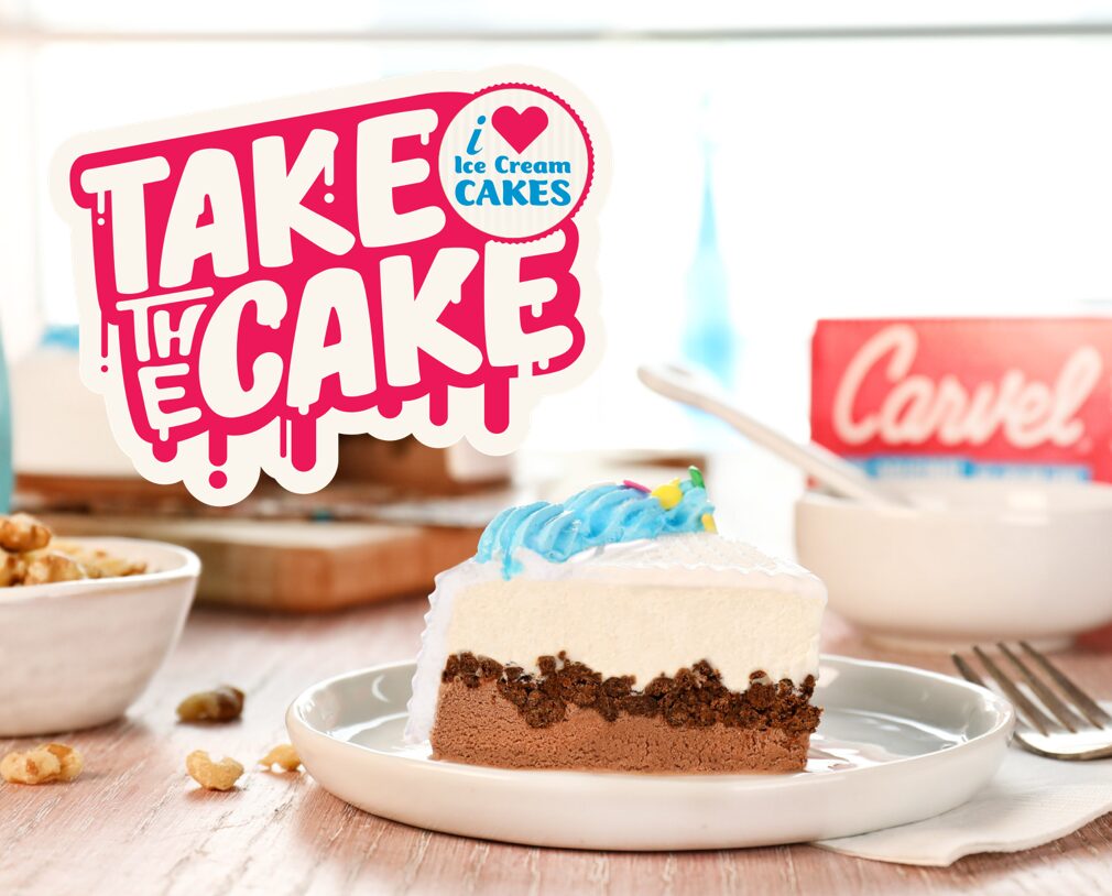 A slice of Carvel ice cream cake with Take the Cake logo
