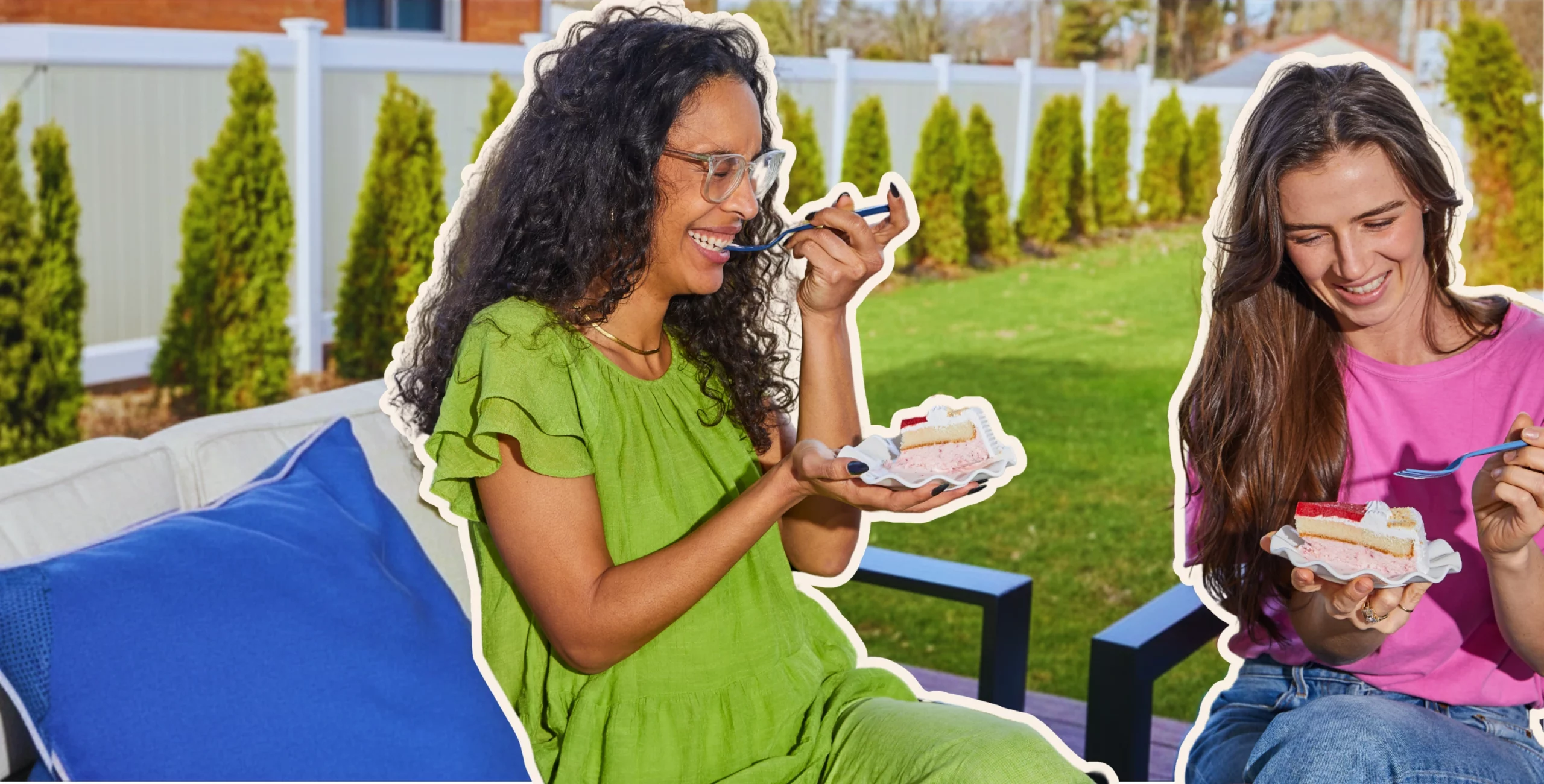 Two people sitting outdoors enjoying slices of ice cream cake
